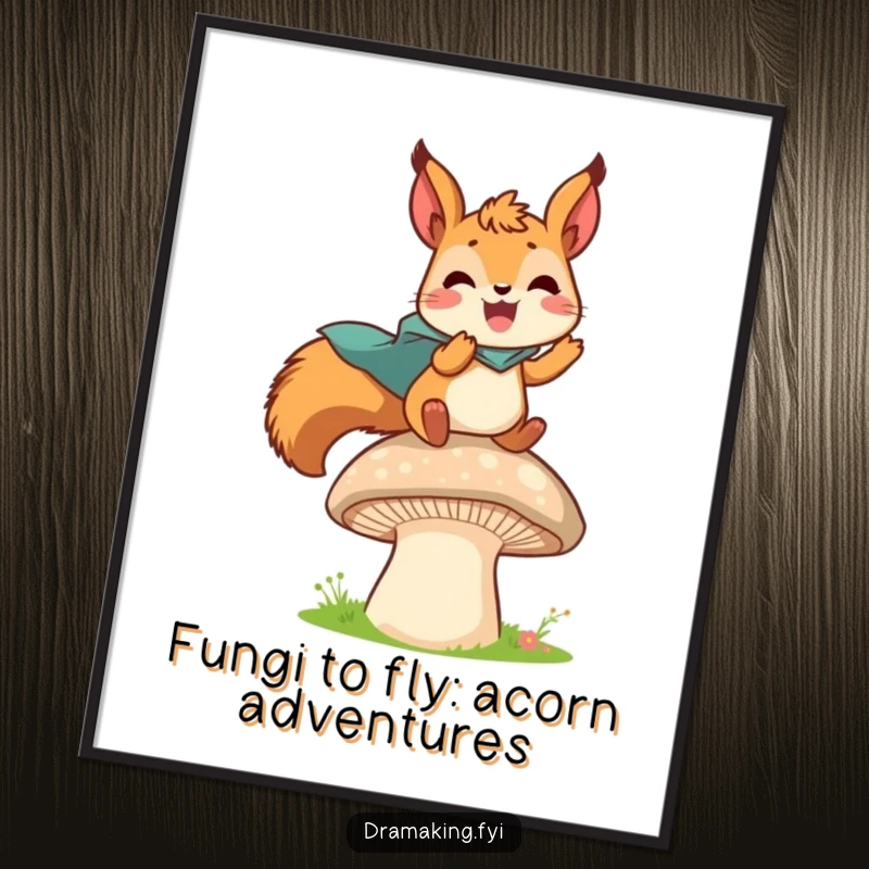 Funny Free Printable Wall Art: A delighted squirrel wearing a tiny cape leaps courageously from a mushroom, full of spirit.