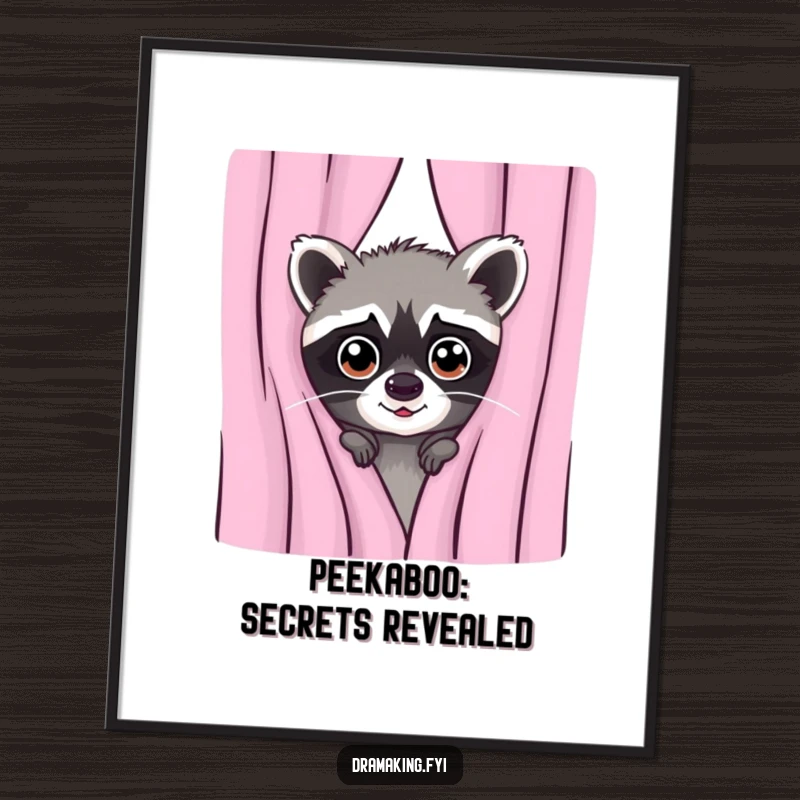 Funny Free Printable Wall Art: A mischievous raccoon peeking from behind a curtain, its wide eyes full of curiosity and charm.