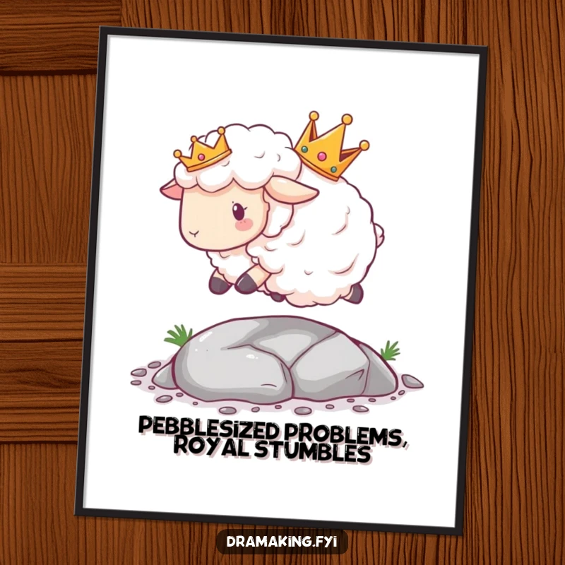 Funny free printable wall art of a fluffy sheep in a crown dramatically tripping over a tiny pebble, adding quirky decor.