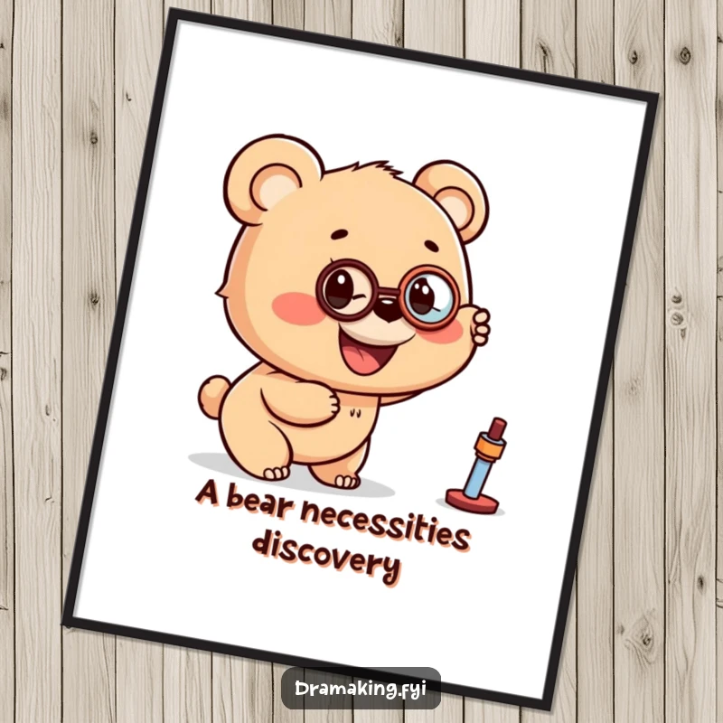 Funny Free Printable Wall Art: A smiling bear cub wearing a monocle points excitedly at a mysterious distant object.