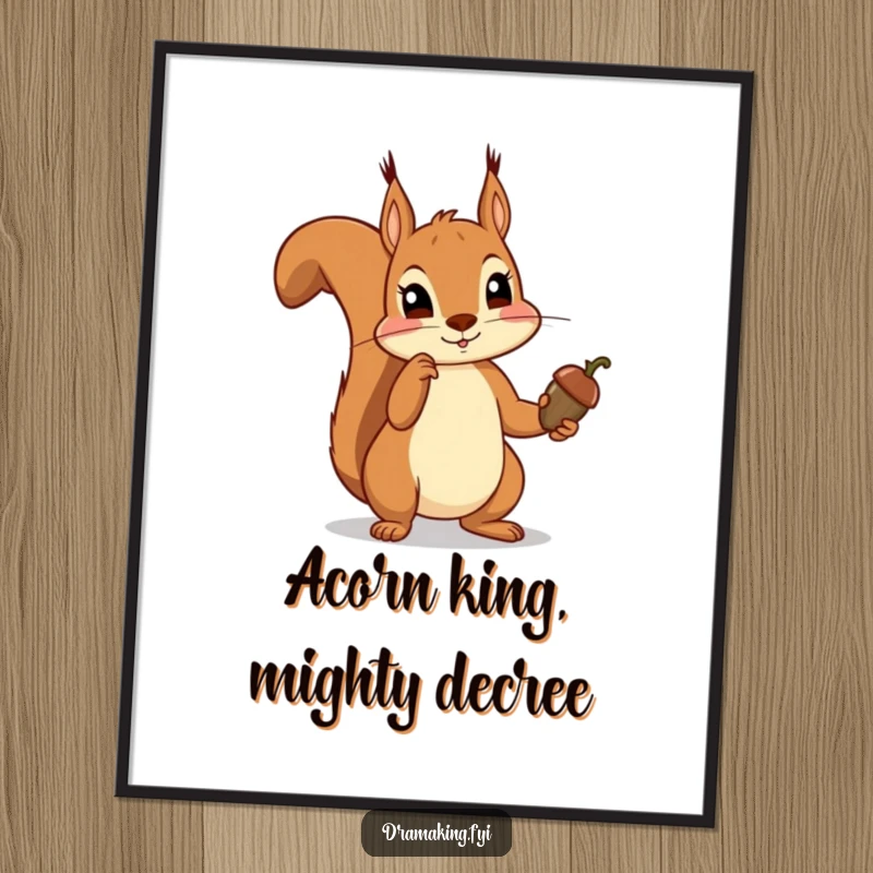 Funny Free Printable Wall Art of a squirrel dramatically posing with a tiny acorn held high like a scepter, ruling its domain.