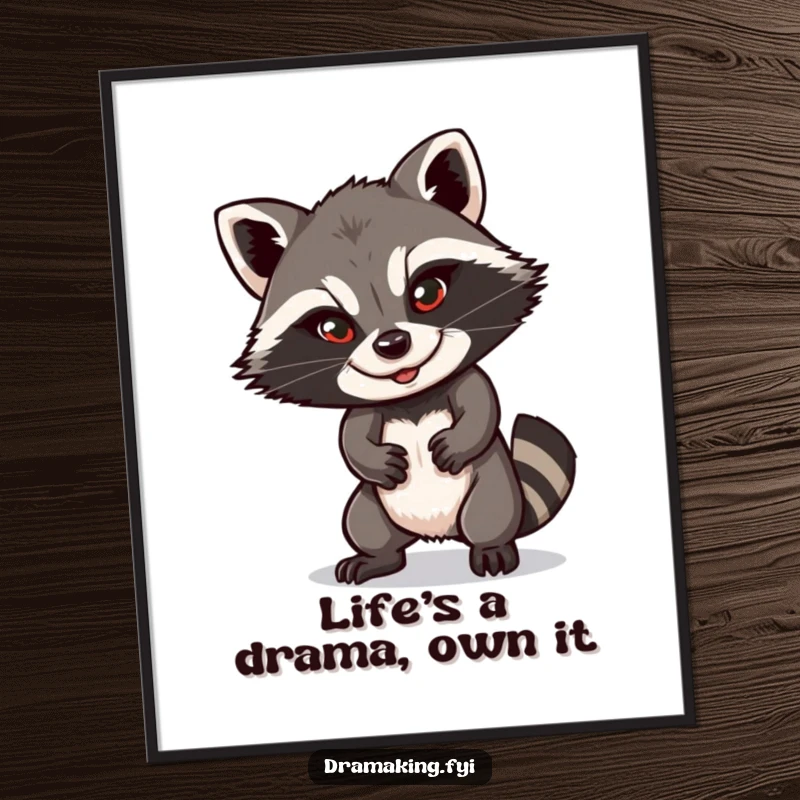 Funny free printable raccoon wall art, a raccoon striking a dramatic pose with a sly smile, bringing playful energy.