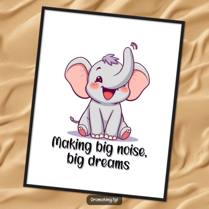 Funny free printable wall art: A joyful elephant stands tall, trumpeting with its trunk raised high in a celebratory fanfare.