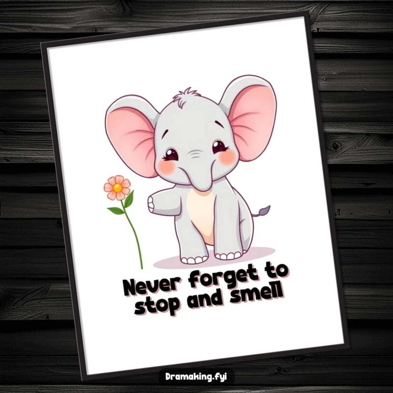 Funny Free Printable Wall Art of a joyful elephant calf character performing a delightful balancing act with a tiny flower.