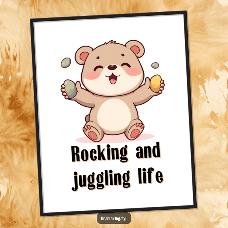 Funny Free Printable Wall Art of a cheerful bear cub character gleefully juggling three shiny pebbles, radiating joy.