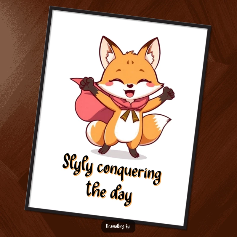 Funny Free Printable Wall Art: A joyful fox in a flowing cape striking a triumphant, heroic pose.