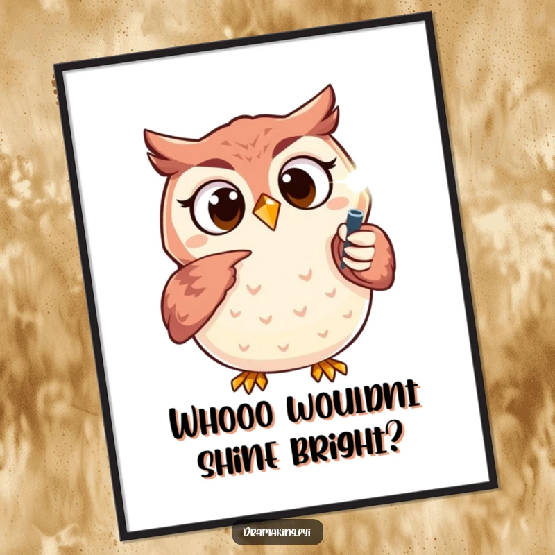 Funny Free Printable Wall Art: An excited owl pointing a tiny, sparkling spotlight, motivational and whimsical decor.