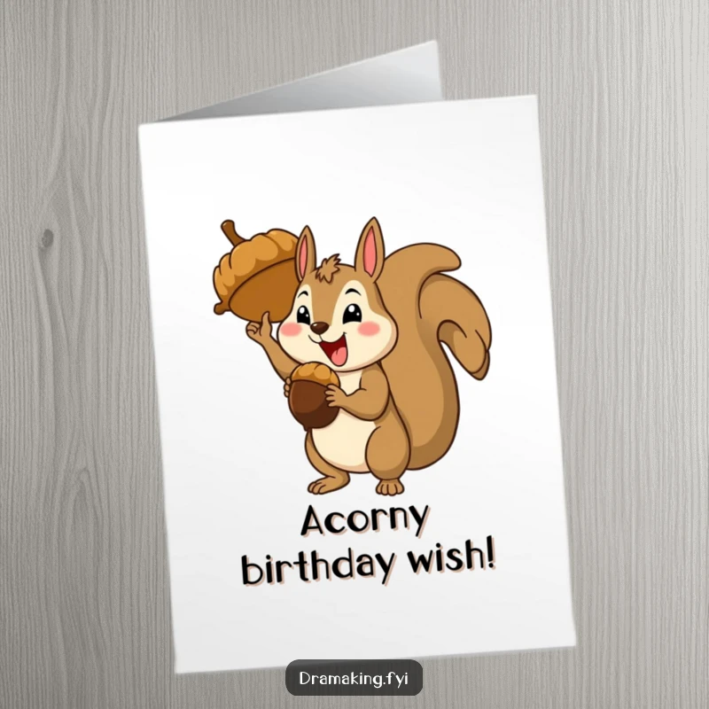 Funny Free Printable Birthday Card: Happy squirrel holding a massive acorn, striking a proud, theatrical pose after winning.