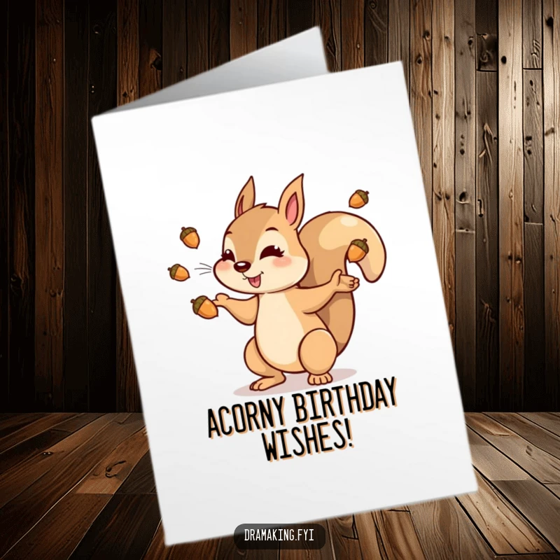 Funny Free Printable Birthday Card: Dramatic squirrel tossing shiny acorns in the air to celebrate a birthday.