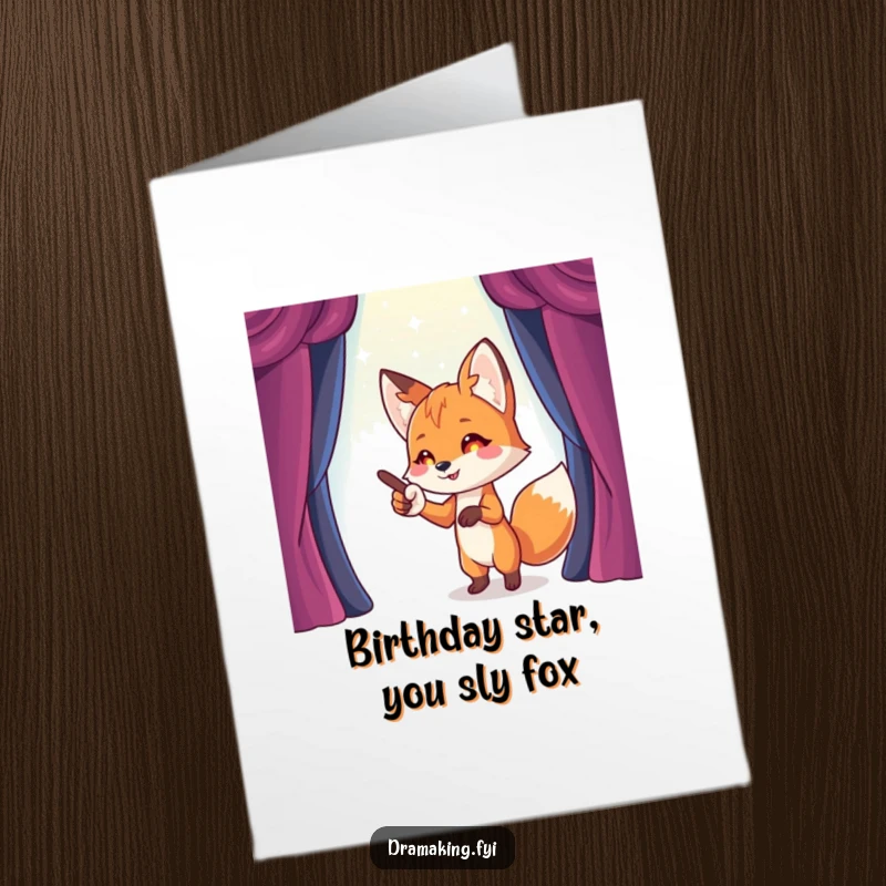 Funny Free Printable Birthday Card: A playful fox points dramatically towards an imaginary stage, ready for applause.