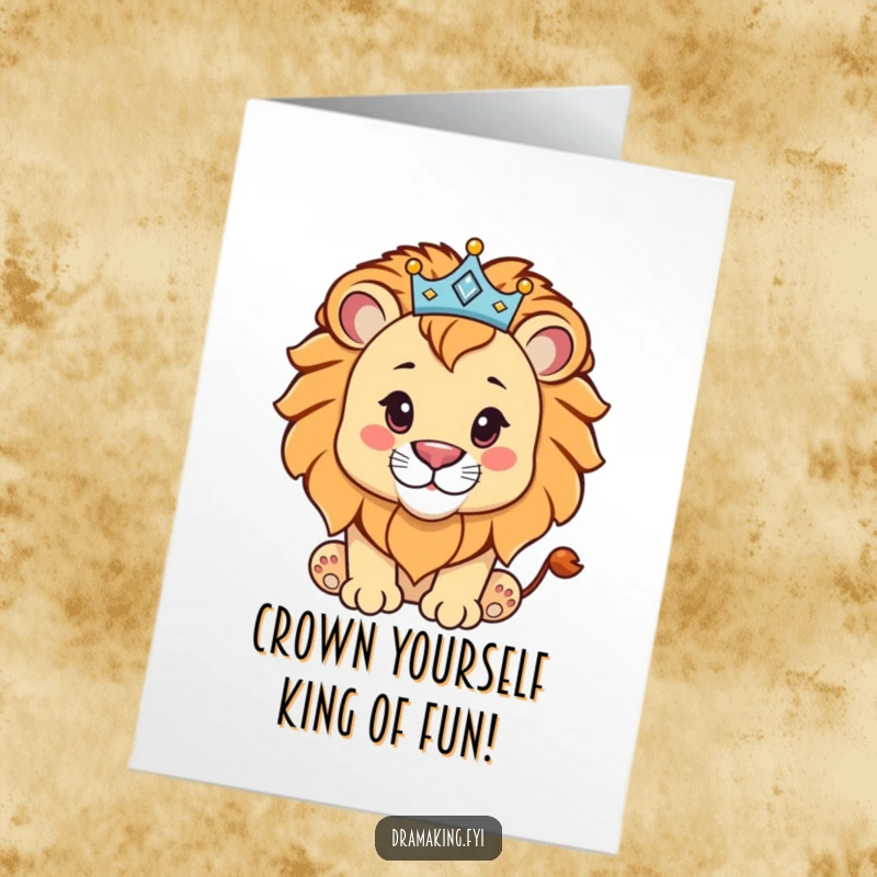 Funny Free Printable Birthday Card featuring a proud lion cub wearing a tiny, sparkly crown, ready to celebrate.