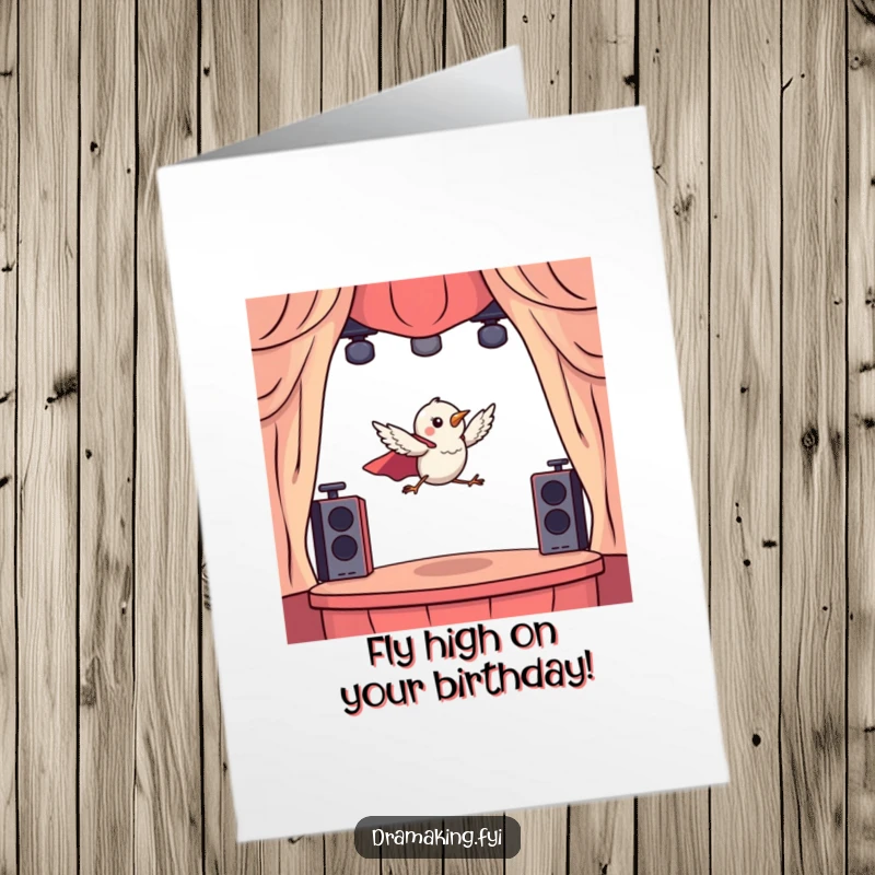 Funny Free Printable Birthday Card: Tiny bird in a cape dramatically leaps from a miniature stage, superhero downloadable.
