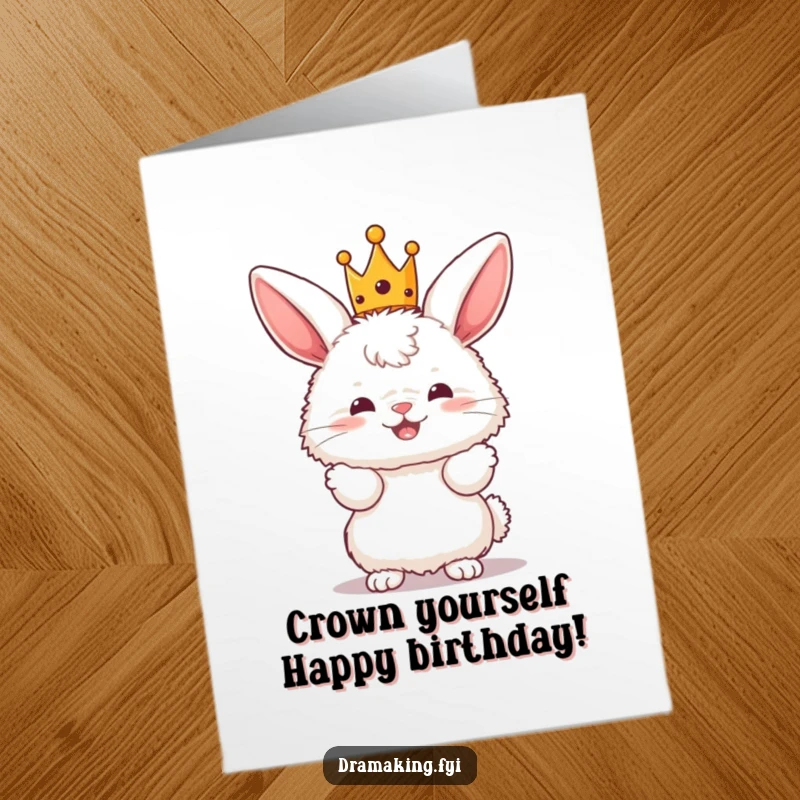 Funny Free Printable Birthday Card featuring a fluffy bunny in a tiny crown, striking a dramatic, regal pose, ready to party.