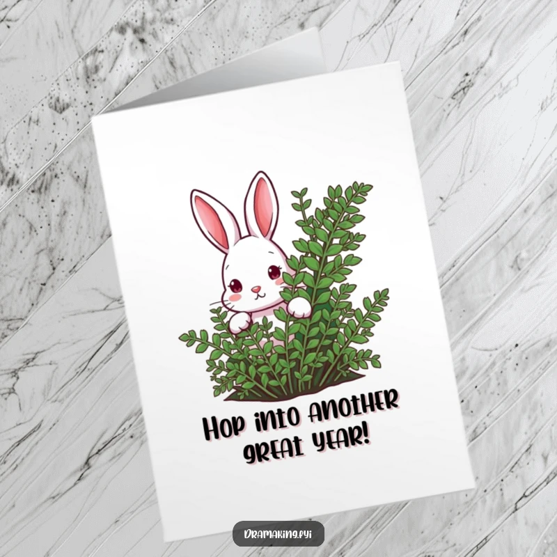 Funny Free Printable Birthday Card: A curious rabbit’s nose and eyes peek from behind a green fern.