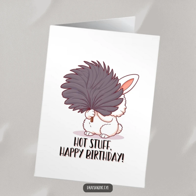 Funny Free Printable Birthday Card: Fluffy bunny dramatically fanning with a huge feather, looking overheated and in need of refreshment.