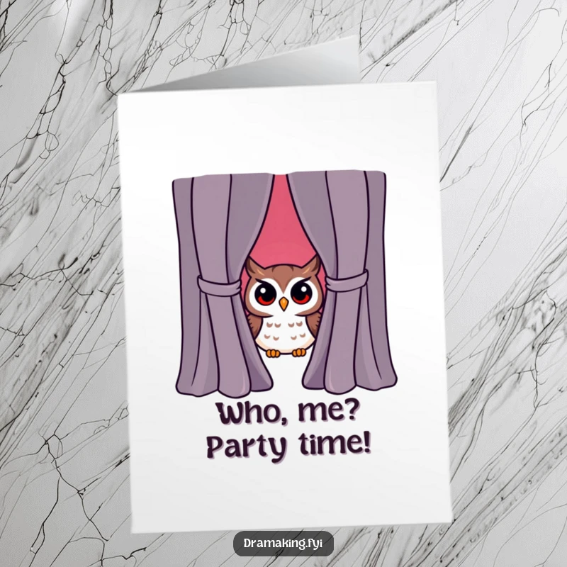 Funny Free Printable Birthday Card: Curious owl peeking from behind a curtain, surprised by the attention, ready to celebrate.