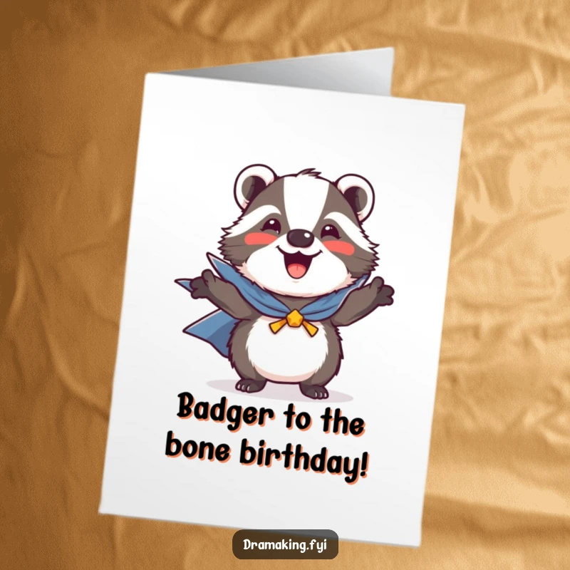 Funny Free Printable Birthday Card featuring a joyful badger in a tiny cape, striking a heroic pose ready to save the party.