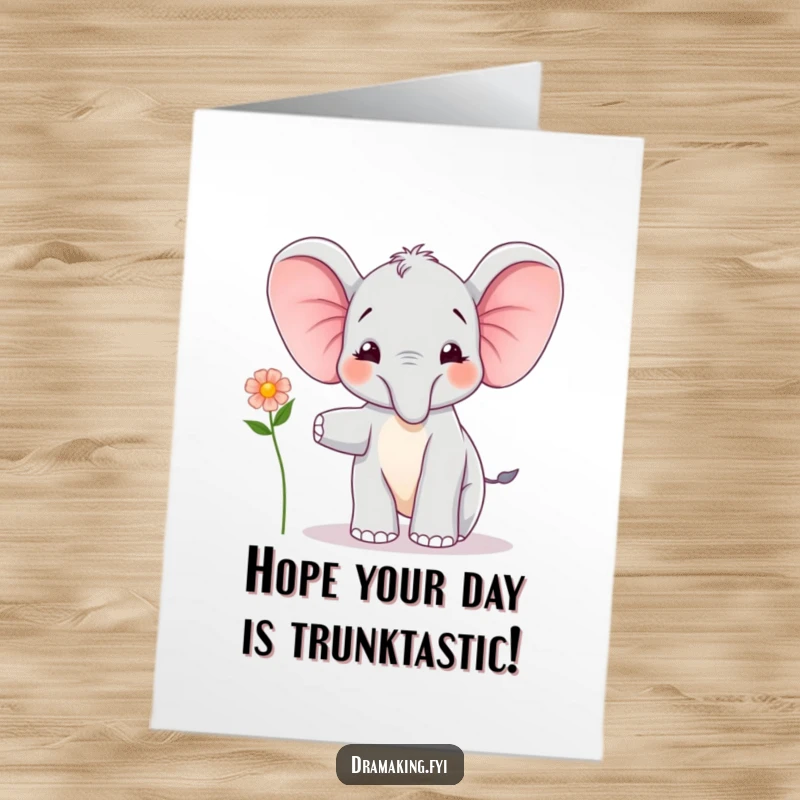 Funny Free Printable Birthday Card featuring a joyful elephant calf character performing a delicate balancing act with a small flower.
