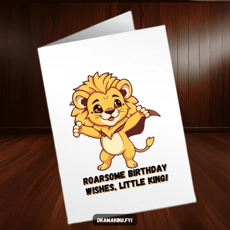 Funny Free Printable Birthday Card featuring a proud lion cub hero in a dramatic pose with a flowing cape.