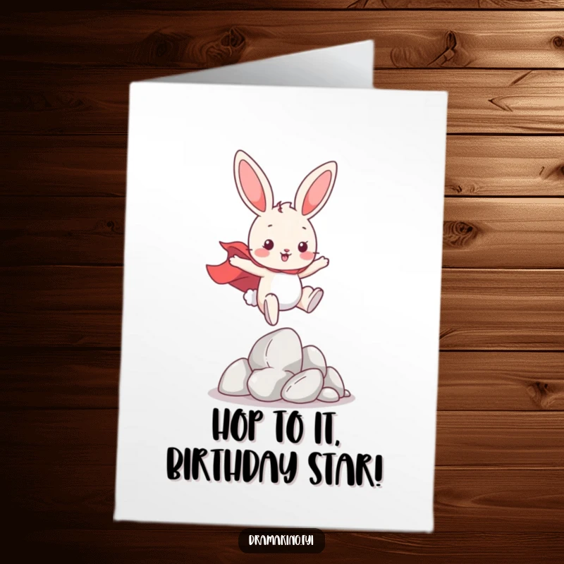 Funny Free Printable Birthday Card: Playful bunny in a cape leaps over imaginary obstacles, ready to celebrate.