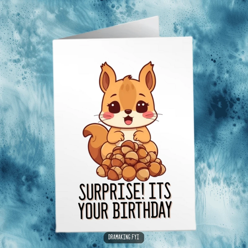 Funny Free Printable Birthday Card: A surprised squirrel drops a pile of acorns, shocked by the festive occasion.