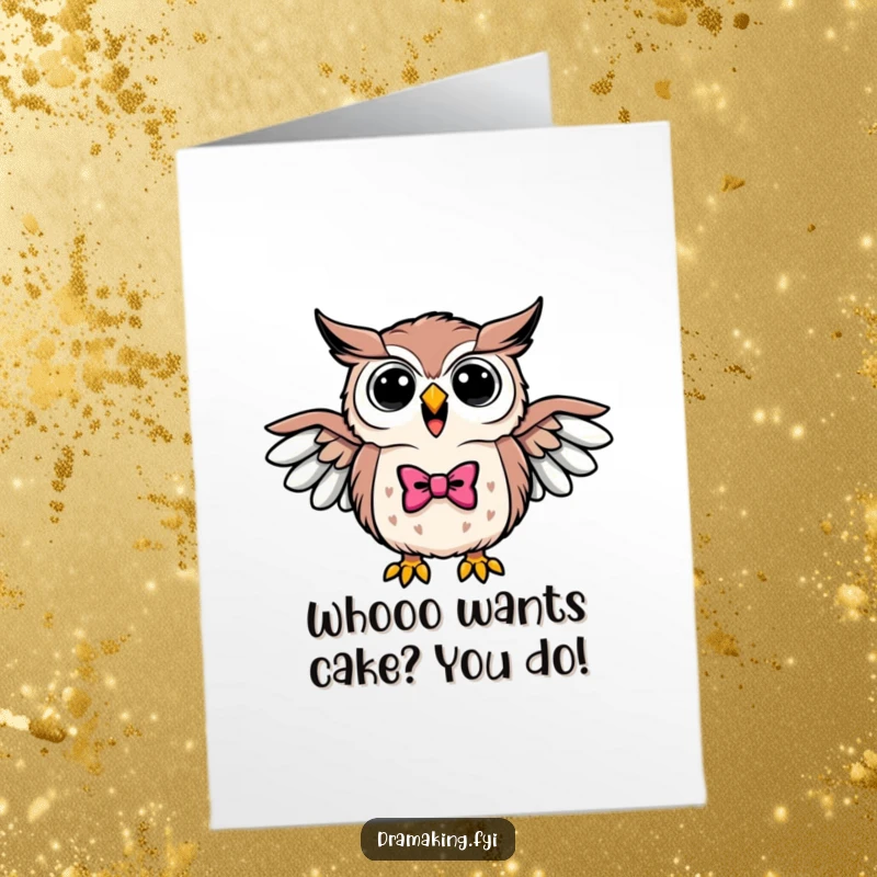 Funny Free Printable Birthday Card: Triumphant owl wearing a bowtie hoots loudly with wings outstretched in celebration.