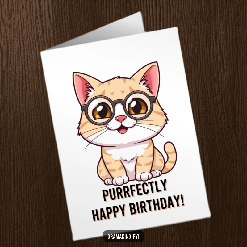 Funny Free Printable Birthday Card: A monocled cat surveys the scene with theatrical flair, wishing a happy birthday.