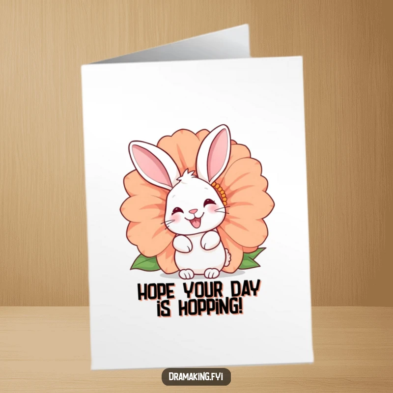 Funny Free Printable Birthday Card: A happy rabbit with a mischievous twinkle peeking from behind a giant flower.