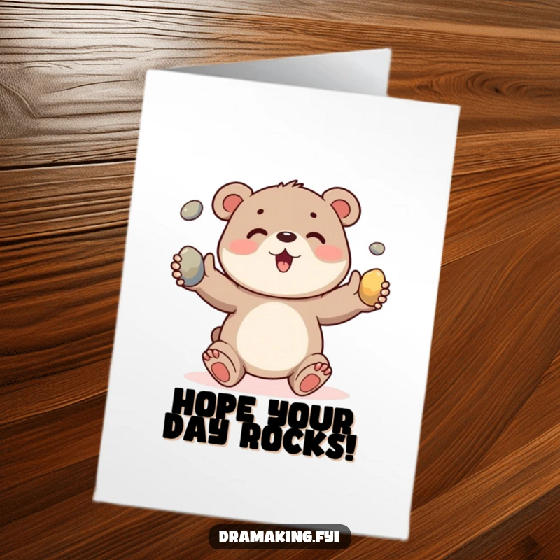 Funny Free Printable Birthday Card of a cheerful bear cub character excitedly juggling three shiny pebbles with gusto.