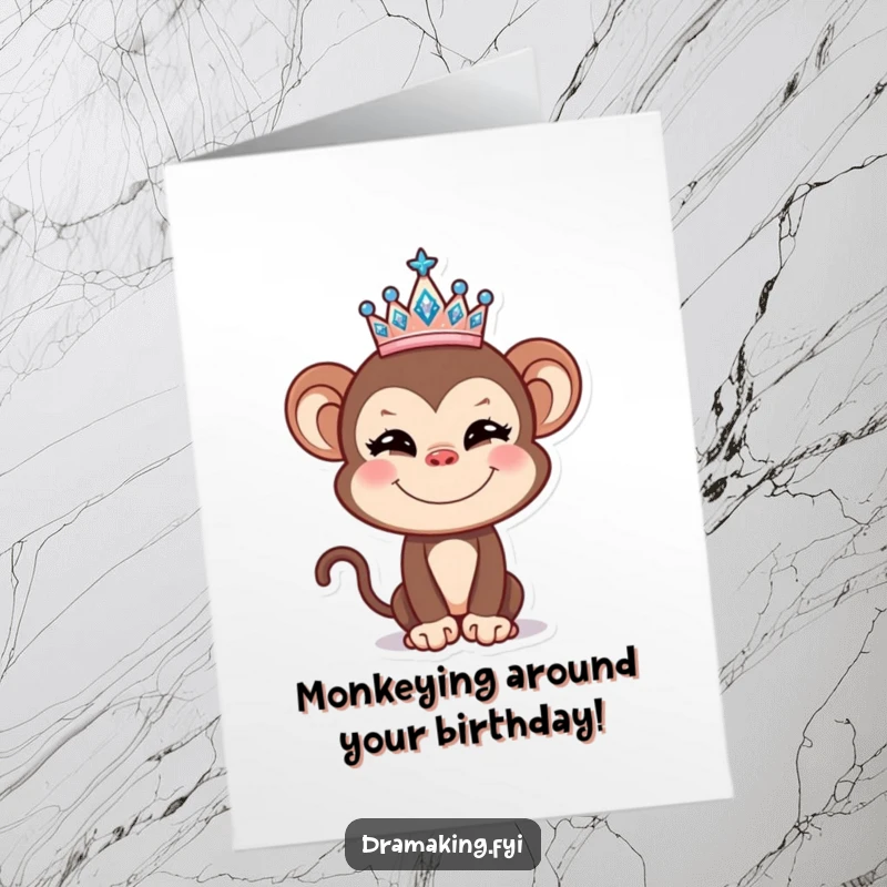 Funny free printable birthday card: Mischievous monkey wearing a tiny sparkly tiara, ready for a wild party celebration.