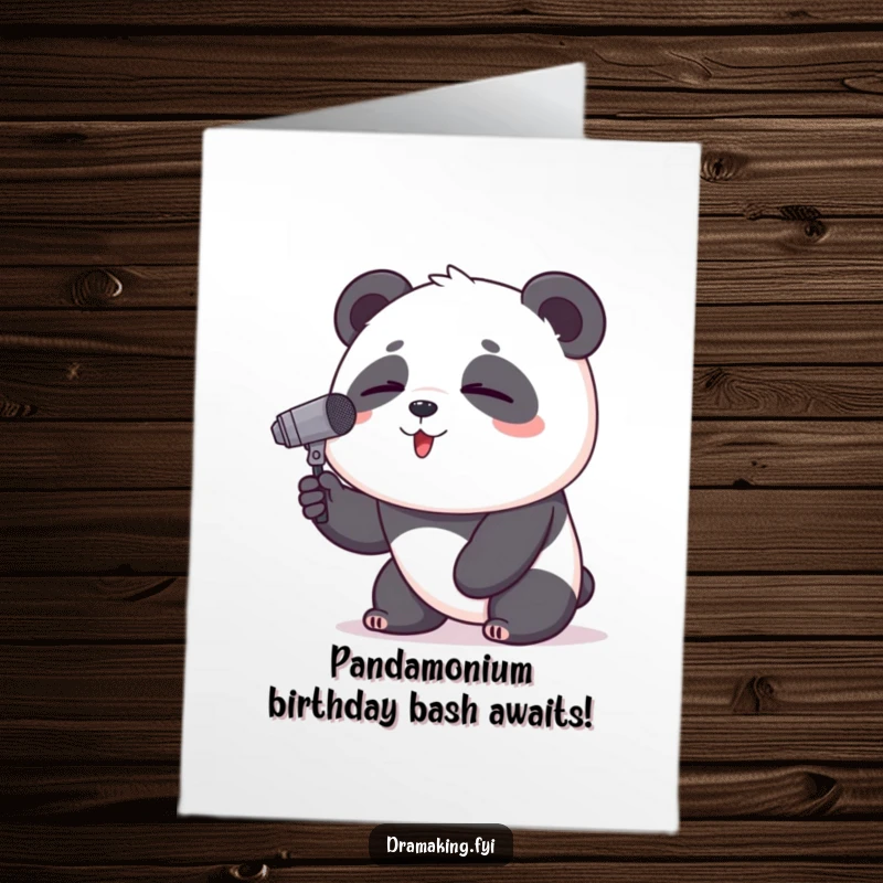 Funny Free Printable Birthday Card: Proud panda with microphone singing joyfully, closed eyes, ready to belt out a tune.