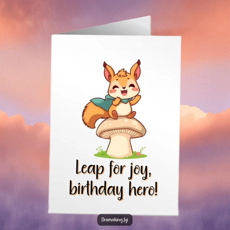 Funny Free Printable Birthday Card: A delighted squirrel in a tiny cape leaps heroically from a mushroom, ready for birthday fun.