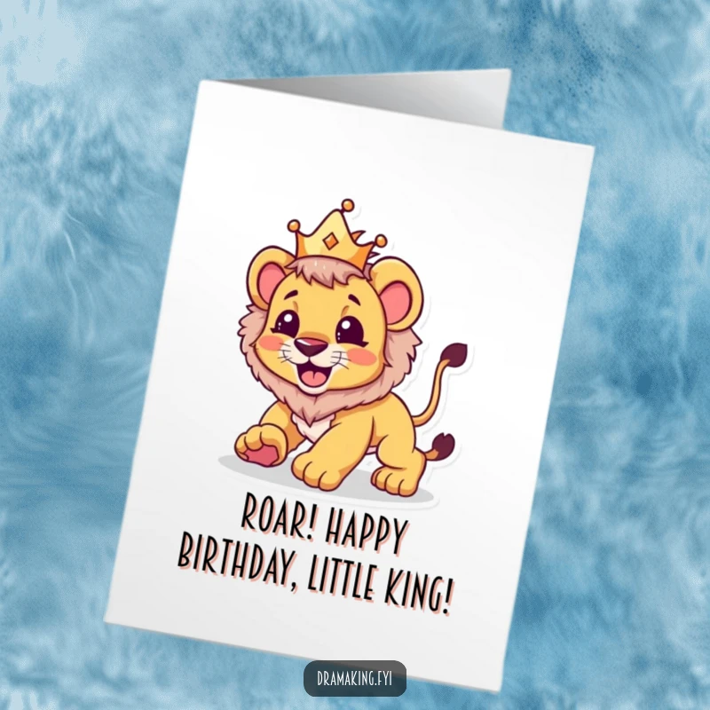 Funny Free Printable Birthday Card: A beaming lion cub wearing a small crown playfully pounces with joy.
