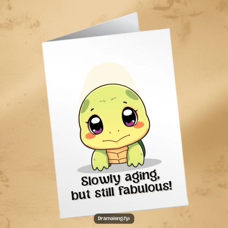 Funny Free Printable Birthday Card: Shy turtle peeking out under a spotlight, eyes wide with birthday cheer.