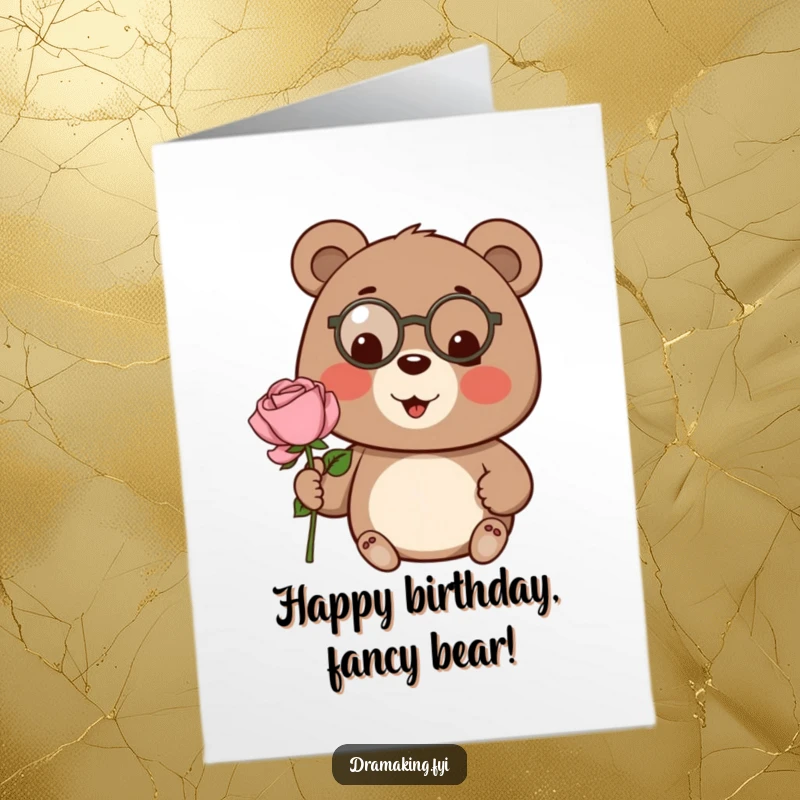 Funny Free Printable Bear Birthday Card: Cheerful bear in a monocle, proudly presenting an oversized rose, dapper and charming.