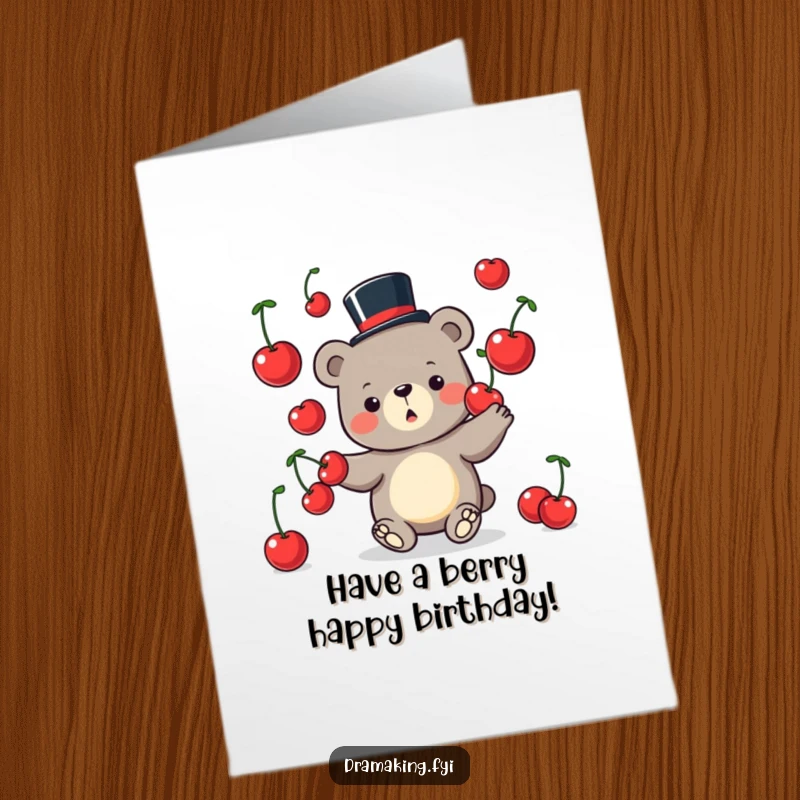 Funny free printable birthday card: a silly bear in a tiny top hat juggling huge cherries with a smile.