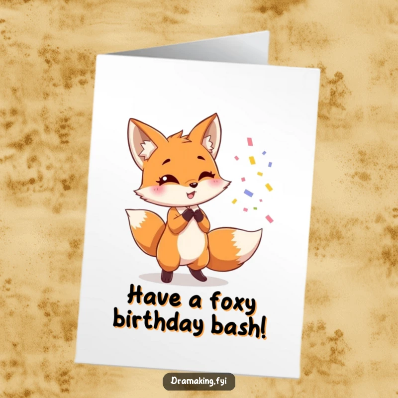Funny Free Printable Birthday Card: A cute fox dramatically throws confetti while striking a fabulous, celebratory pose.