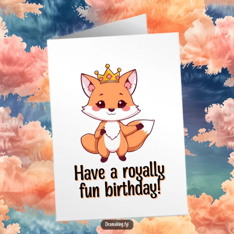 Funny Free Printable birthday card: a cute fox wears a golden crown, striking a dramatic pose with one paw extended regally.