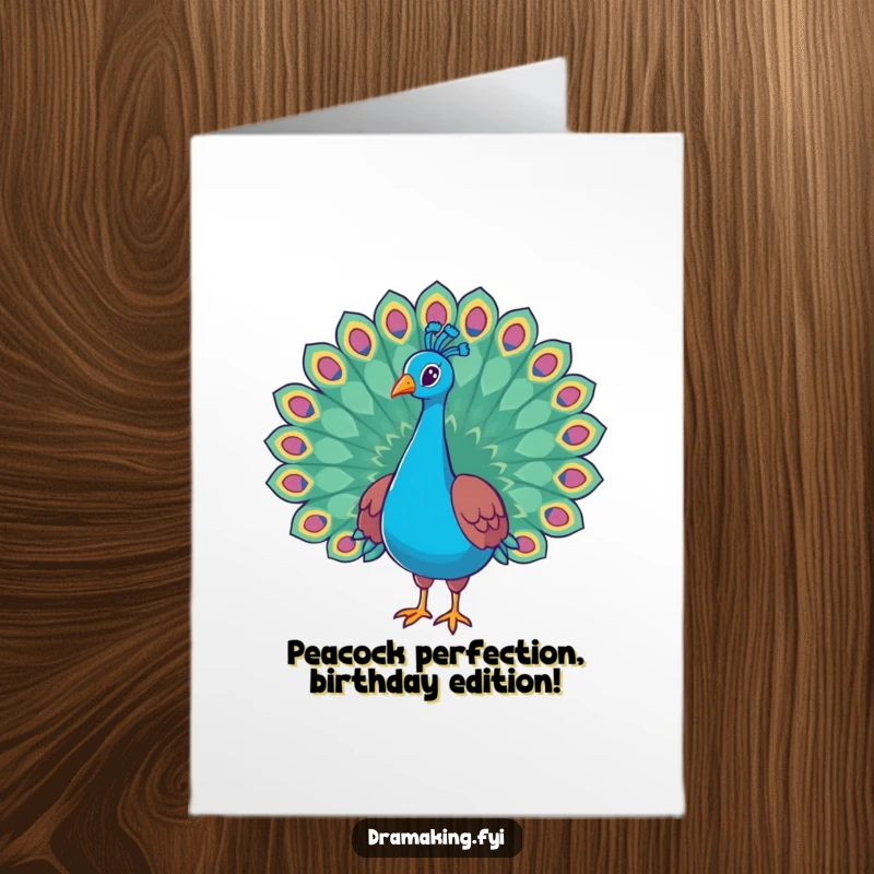 Funny Free Printable Birthday Card featuring a peacock in a regal pose with its tail feathers magnificently fanned out, ready to party.