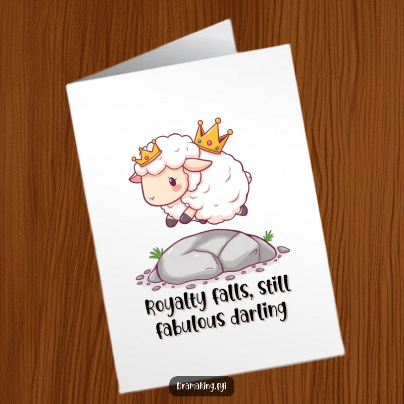 Funny free printable birthday card featuring a fluffy sheep in a crown dramatically tripping over a tiny pebble, perfect for laughs.