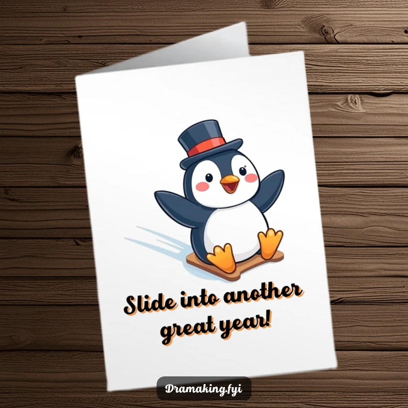 Funny Free Printable Birthday Card: A delighted penguin in a top hat slides down an icy slope with joy.