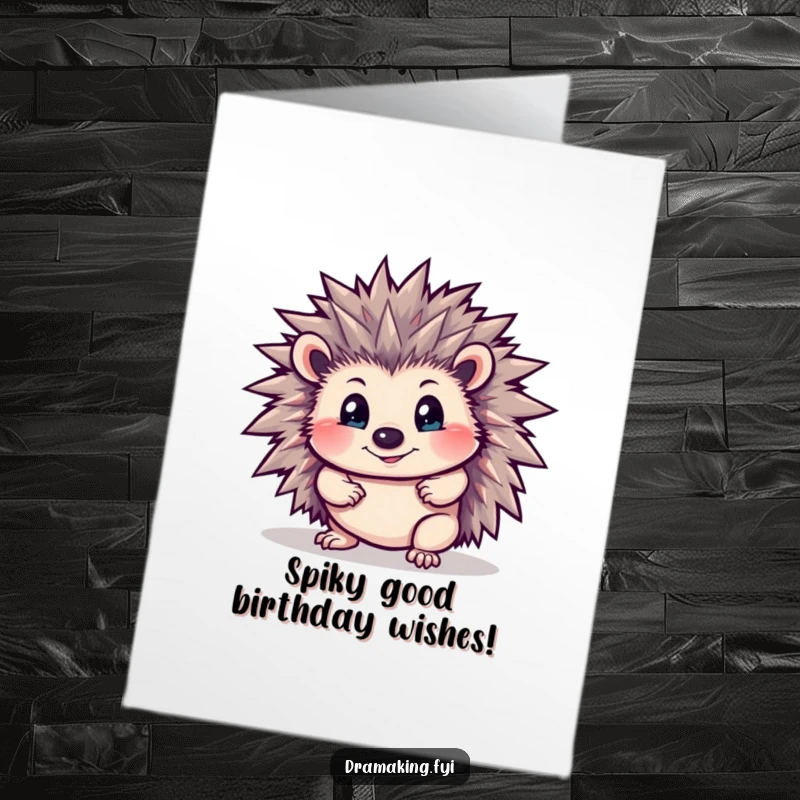 Funny Free Printable Birthday Card: A curious Hedgehog in a dramatic pose, spines bristling with excitement. A downloadable gift.