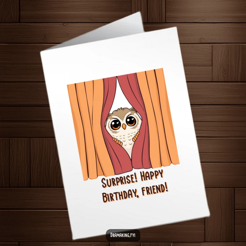 Funny Free Printable Birthday Card: Curious owl peeks from behind a curtain, surprised by attention. A shy surprise.