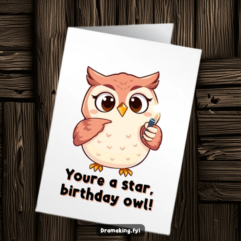 Funny Free Printable Birthday Card: Excited owl pointing dramatically at a sparkling spotlight, celebrating a special day.