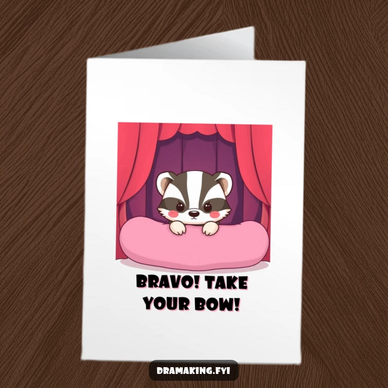Funny free printable congratulations card: A shy badger peeks from behind a cushion, ready to take center stage for their big win.