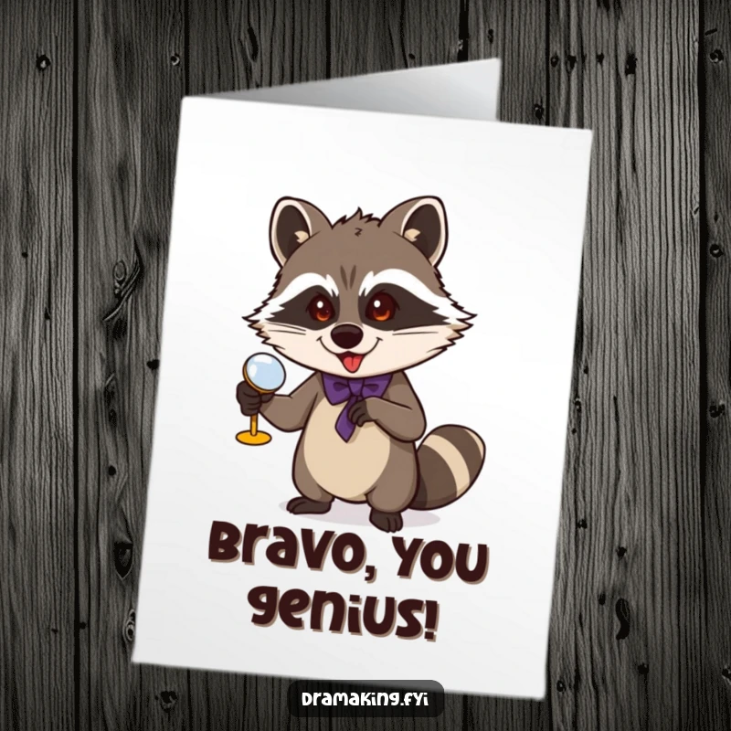 Funny Free Printable Congratulations Card: A raccoon uses opera glasses for a grand gesture, celebrating success.
