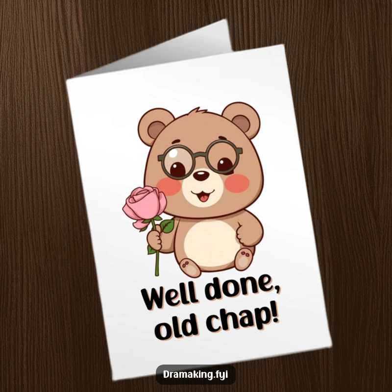 Funny Free Printable Bear Congrats Card: Cheerful bear wearing a tiny monocle, proudly presenting a single, oversized rose.
