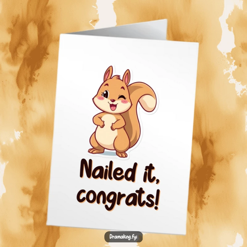 Funny Free Printable Congrats Card: Cheerful squirrel striking a dramatic pose with arms outstretched, celebrating success with gusto.