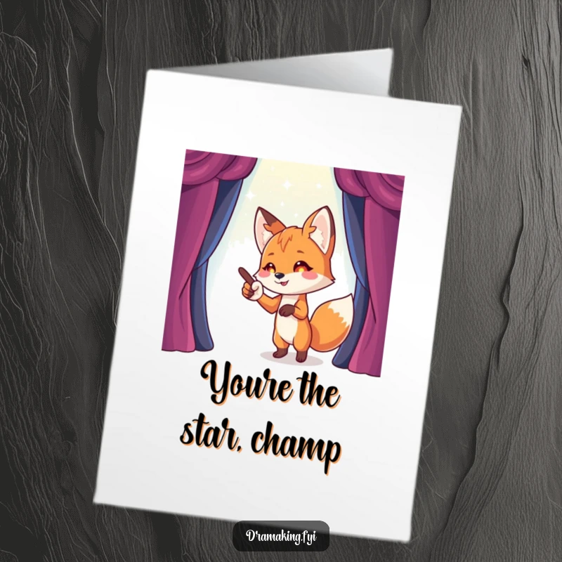 Funny Free Printable Congratulations Card: A playful fox dramatically points to an imaginary stage, celebrating a star's success.