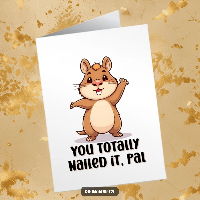 Funny Free Printable Congratulations Card: A capybara hero strikes a dramatic, over-the-top pose in a spotlight, celebrating success.